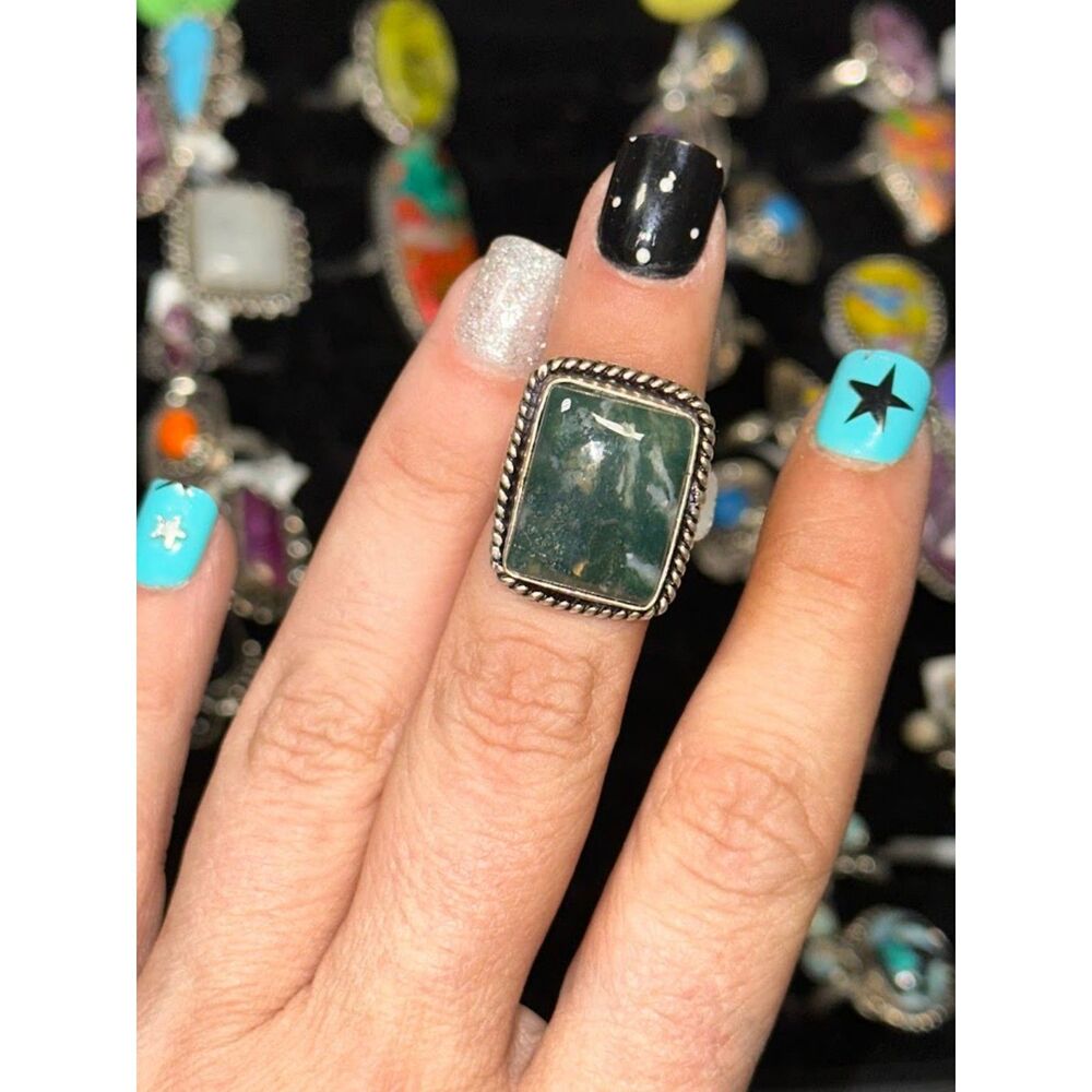 Green Moss Agate Square Sterling Overlay Ring Size 5